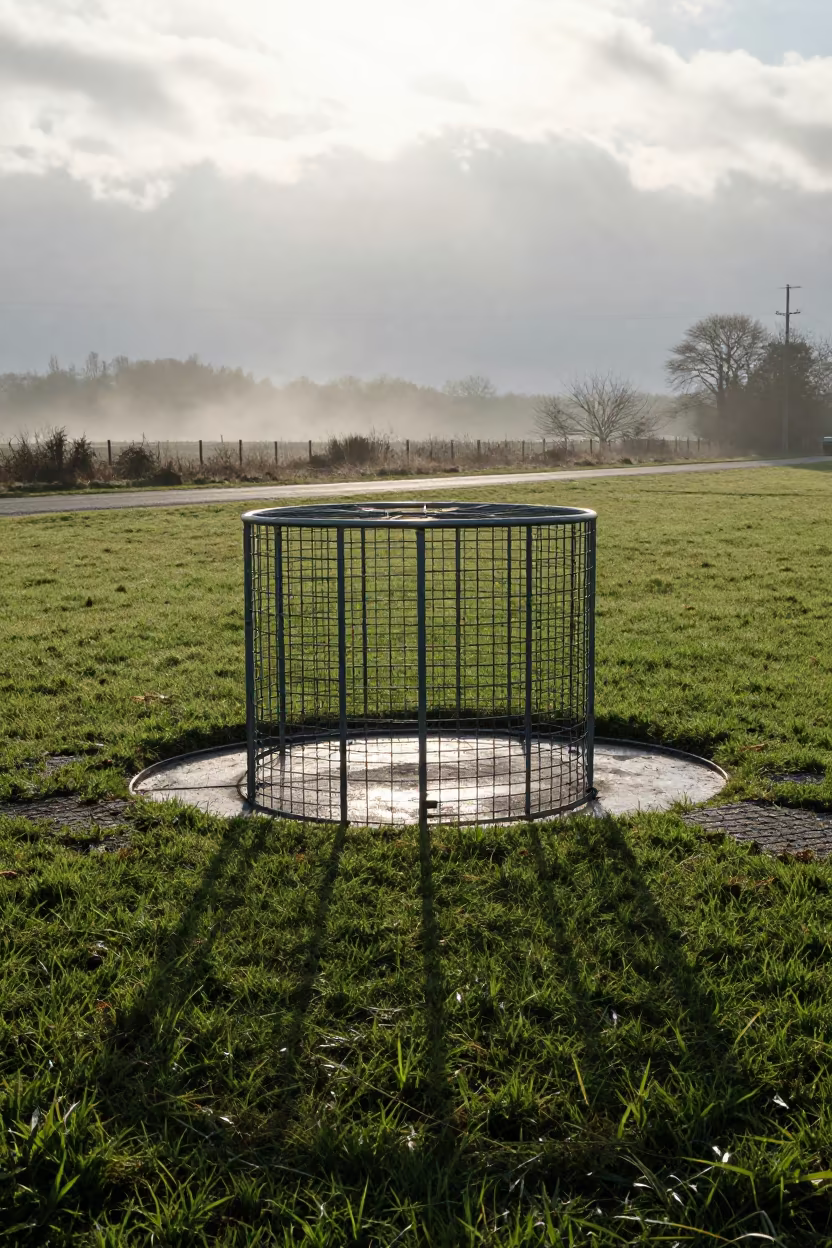 Discus Cage Shadow on Misty Dawn Grass in at a roadside stop near Belbis