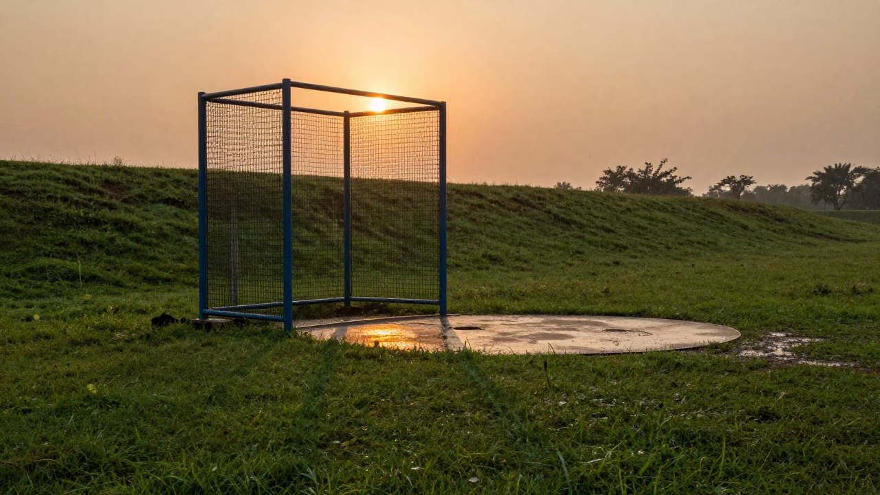 Discus Cage Shadow on Green Grass in on a hillside near Nagpur