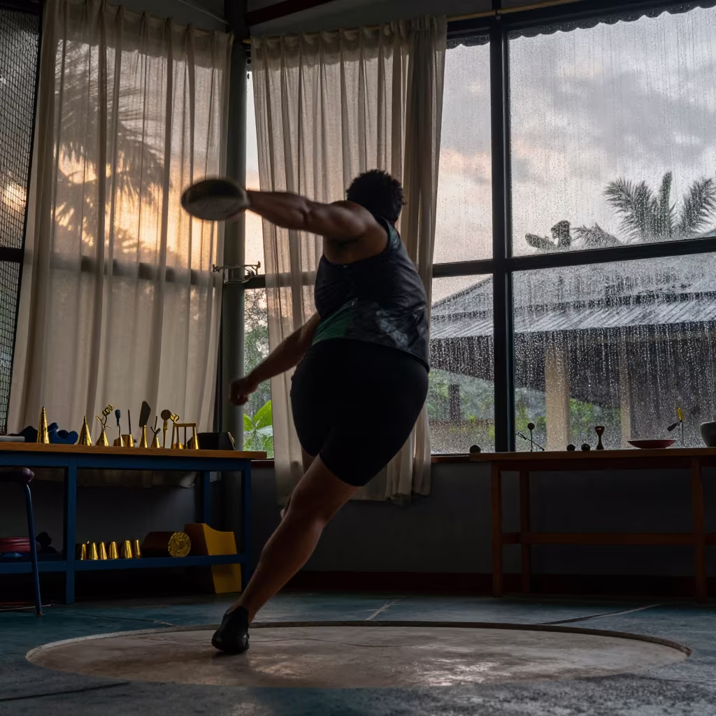 Discus Thrower Spins in Goldsmith Workshop in inside a goldsmith workshop behind the market lane near Victoria Seychelles