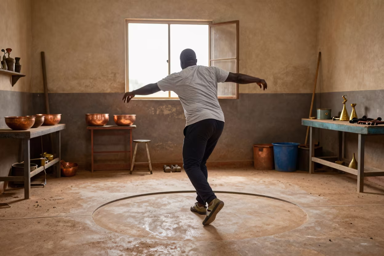 Discus Thrower Spinning in Goldsmith Workshop in inside a goldsmith workshop behind the market lane near Makeni