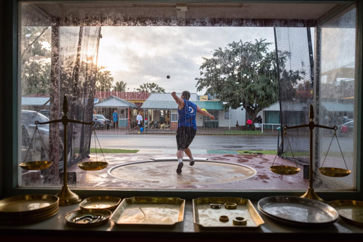 Discus Thrower Spinning in Jeweler Stall Spanish Town in inside a jeweler's stall with brass scales and trays in Spanish Town