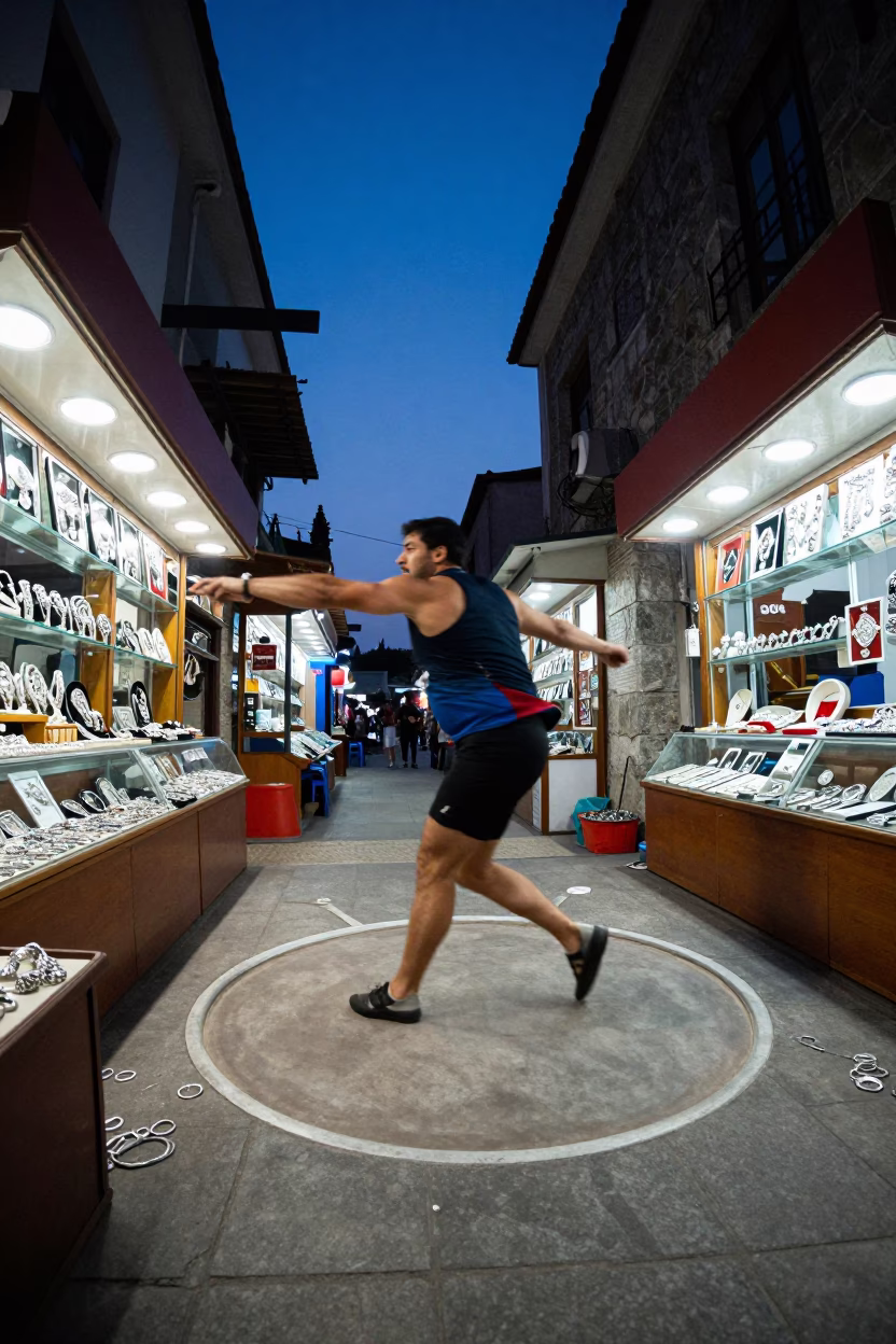 Discus Thrower Spinning in Valparaiso Bazaar in at a jewelry counter inside a covered bazaar in Cerro Bellavista, Valparaiso