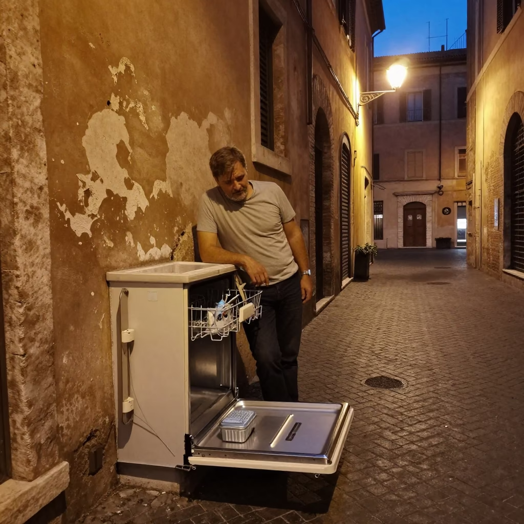 Dishwasher after dark in Rome in in Rome, Italy