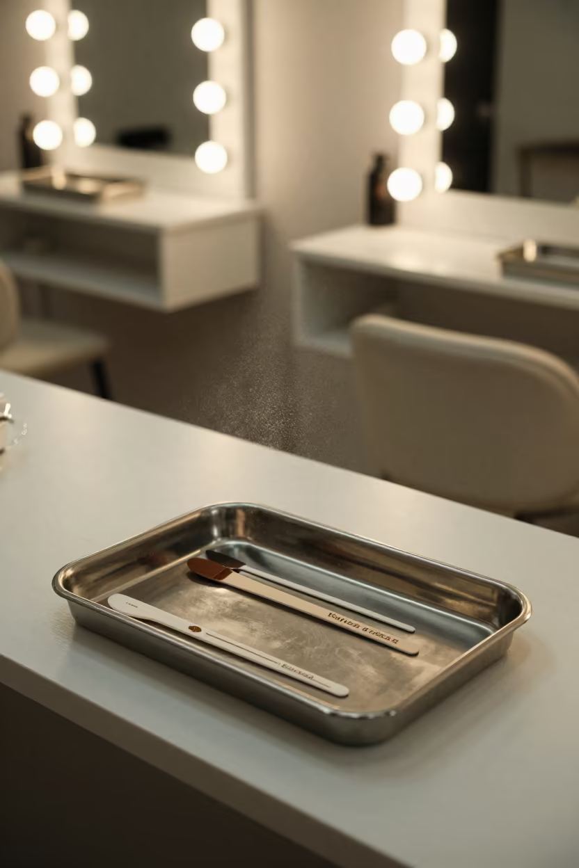 Disinfect Tray With Brow Stencils In Night Salon in inside a nail studio near Düzce