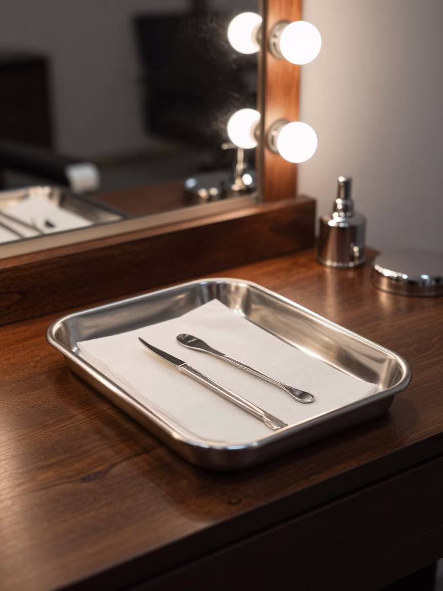 Disinfect Tray Under Barber Station Mirror Bulbs in at a barber station beneath mirror bulbs in Astoria, New York