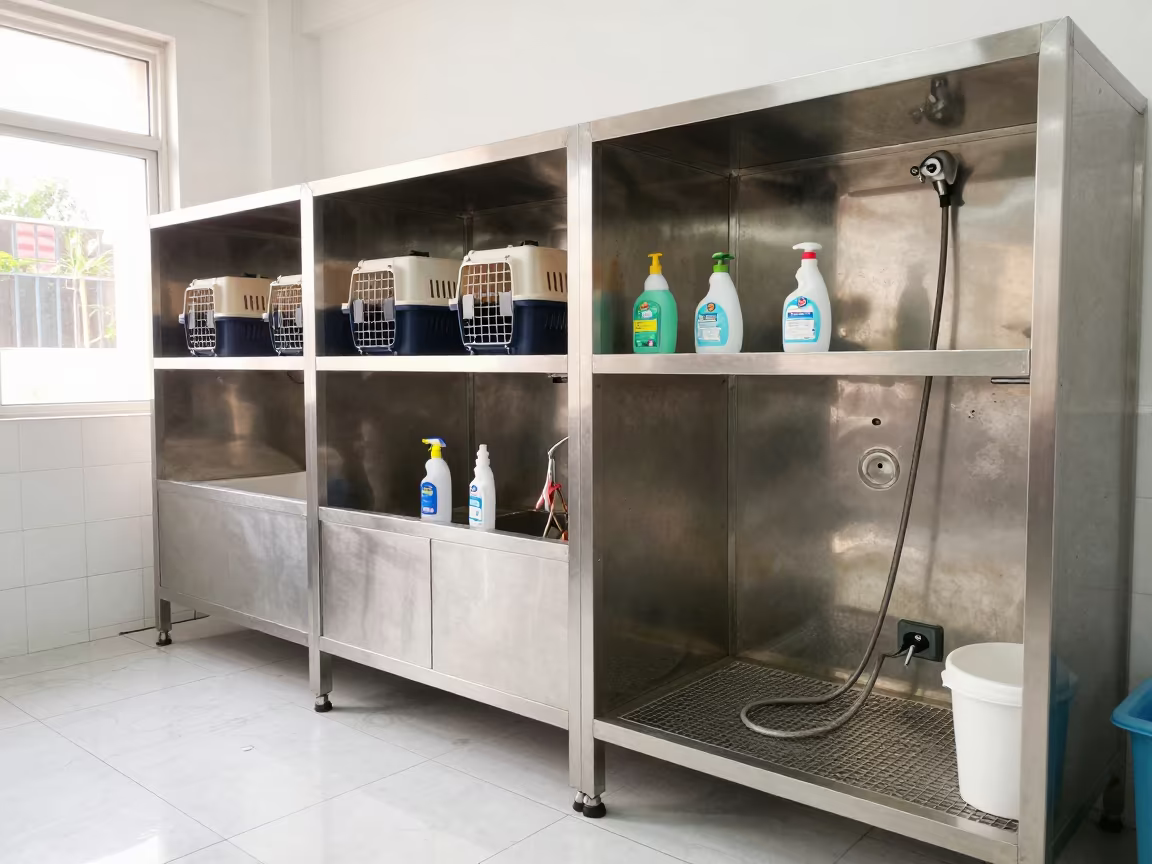 Disinfectant Shelf Before Daycare Handoffs in at a self-serve dog wash station near Xiamen