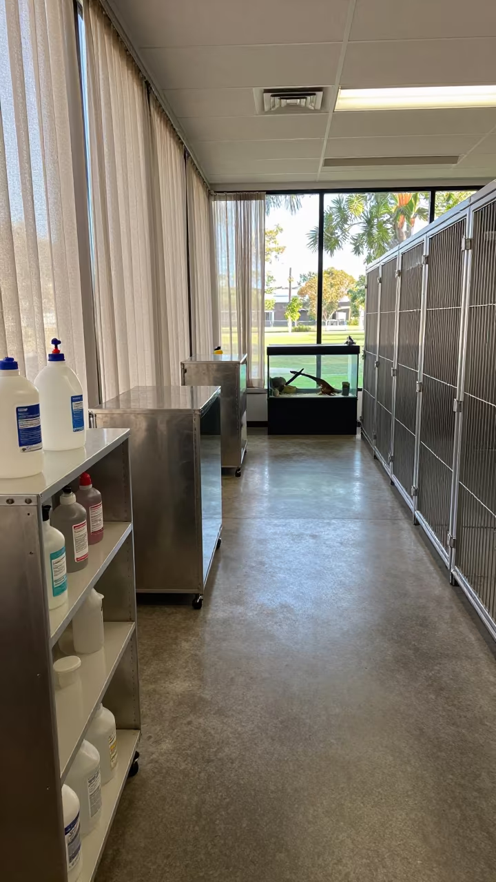 Disinfectant Shelf in Kennel Corridor Before Handoffs in in a boarding kennel corridor near Brisbane