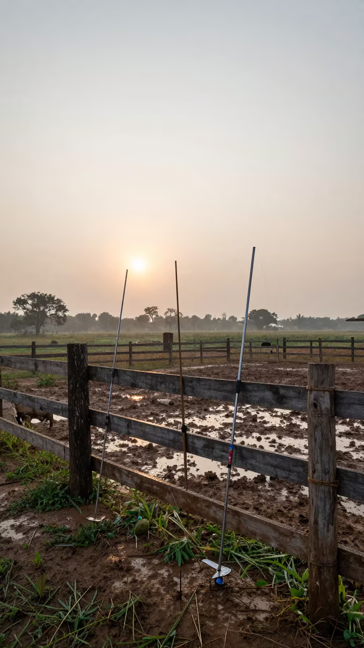 Disinfectant Wand Rack Muddy Paddock Fence Myanmar Morning in along a muddy paddock fence in Myanmar