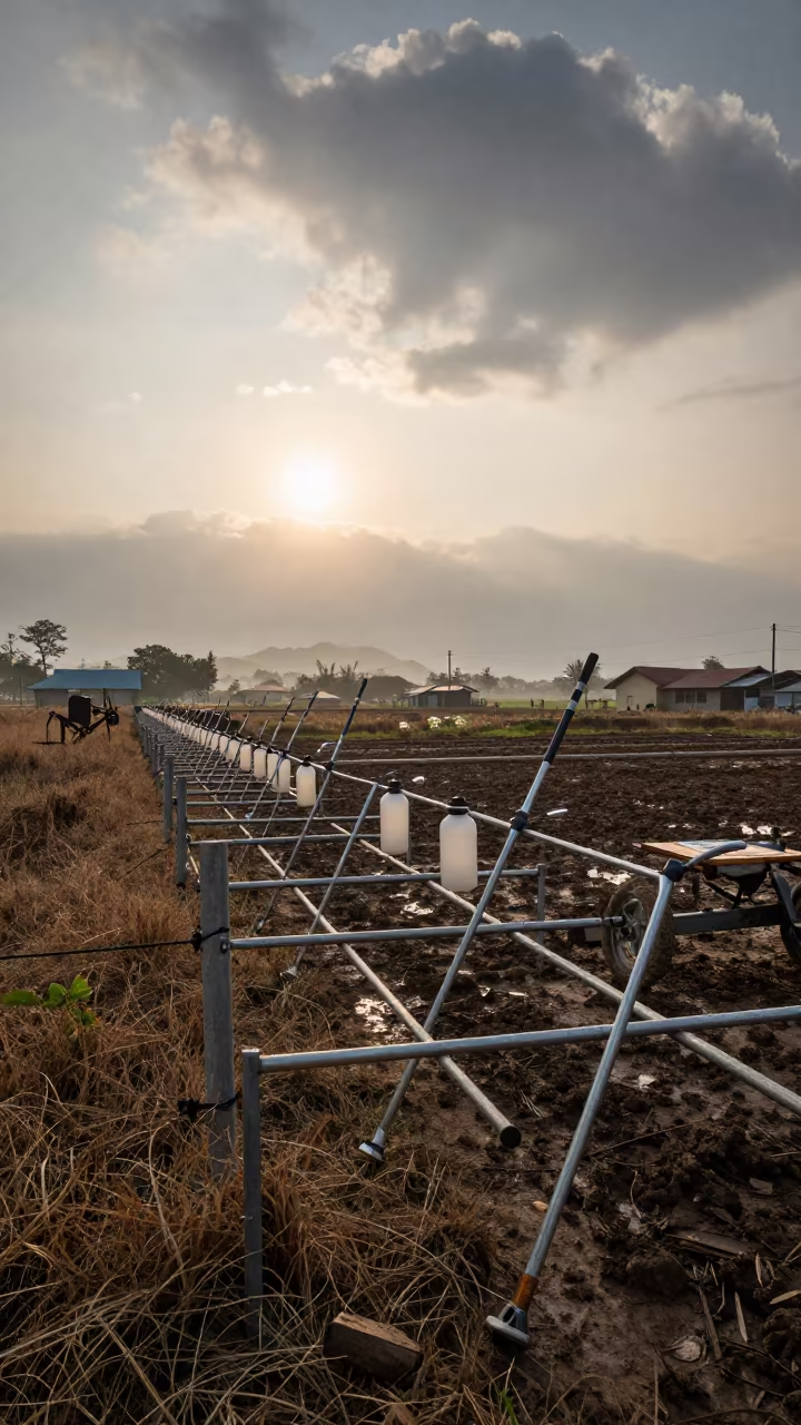 Disinfectant Wand Rack Muddy Paddock Fence Vietnam in along a muddy paddock fence in Vietnam