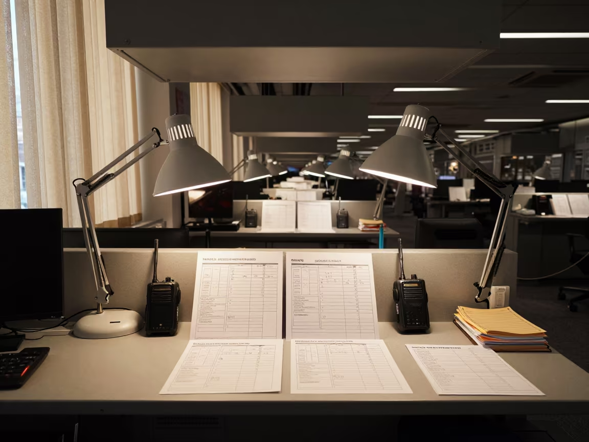 Dispatch Desk with Manifests Under Dock Light in inside a dispatch office above the dock in Venice