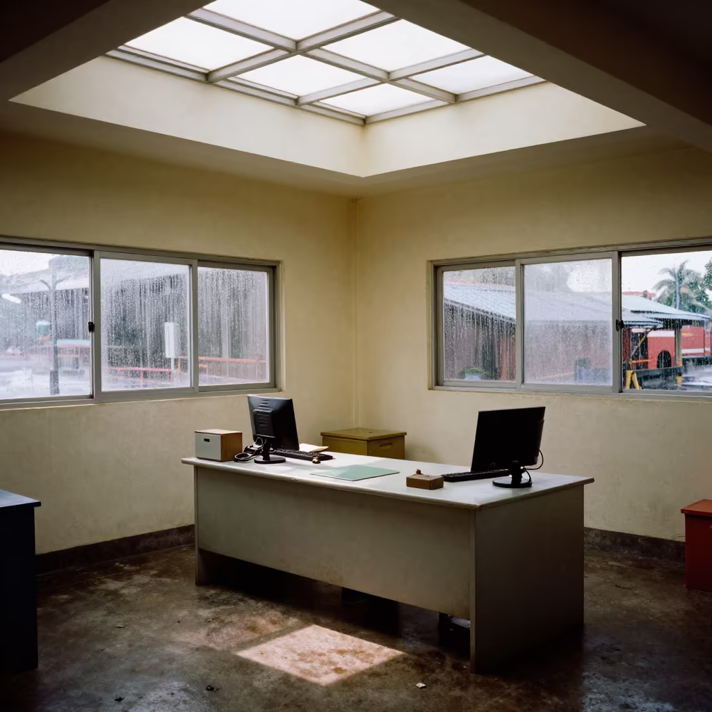 Dispatch Desk Under Noon Skylight Monsoon in inside a dispatch office above the dock near Thiruvananthapuram