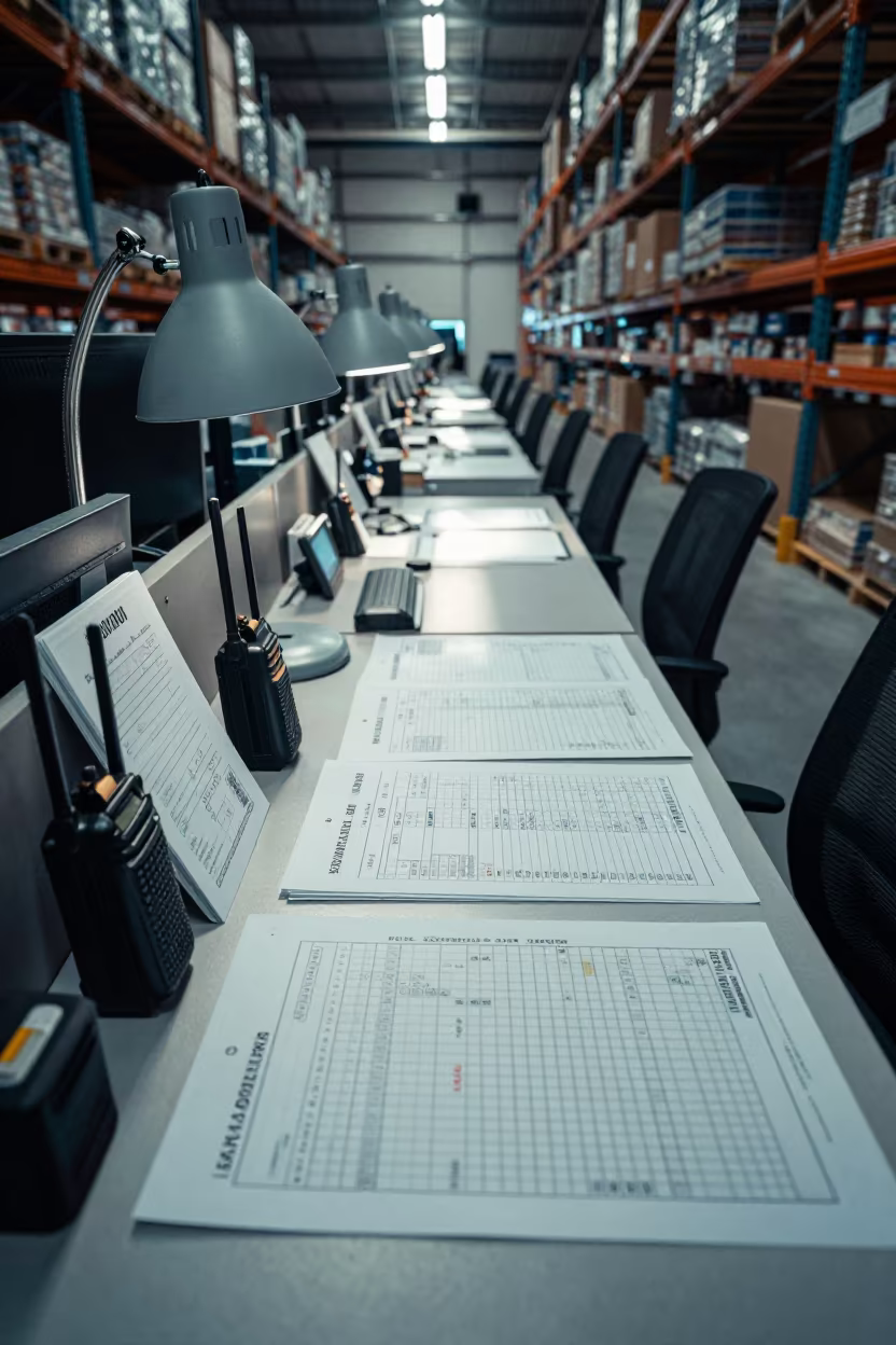 Dispatch Desk with Route Manifests in Cool Light in inside a dispatch office above the dock near Puente Alto