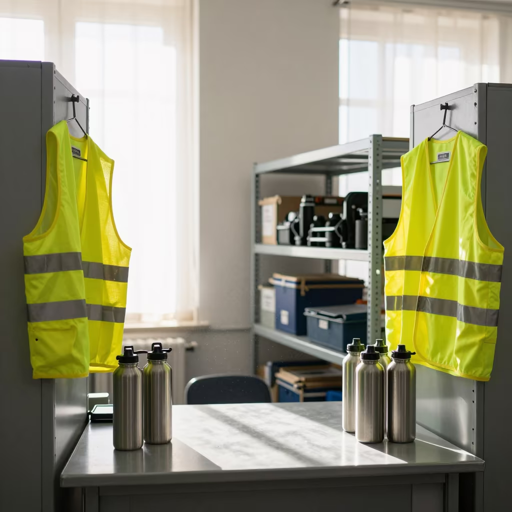 Dispatch Office Break Area with Vests and Bottles in inside a dispatch office above the dock near Monastir