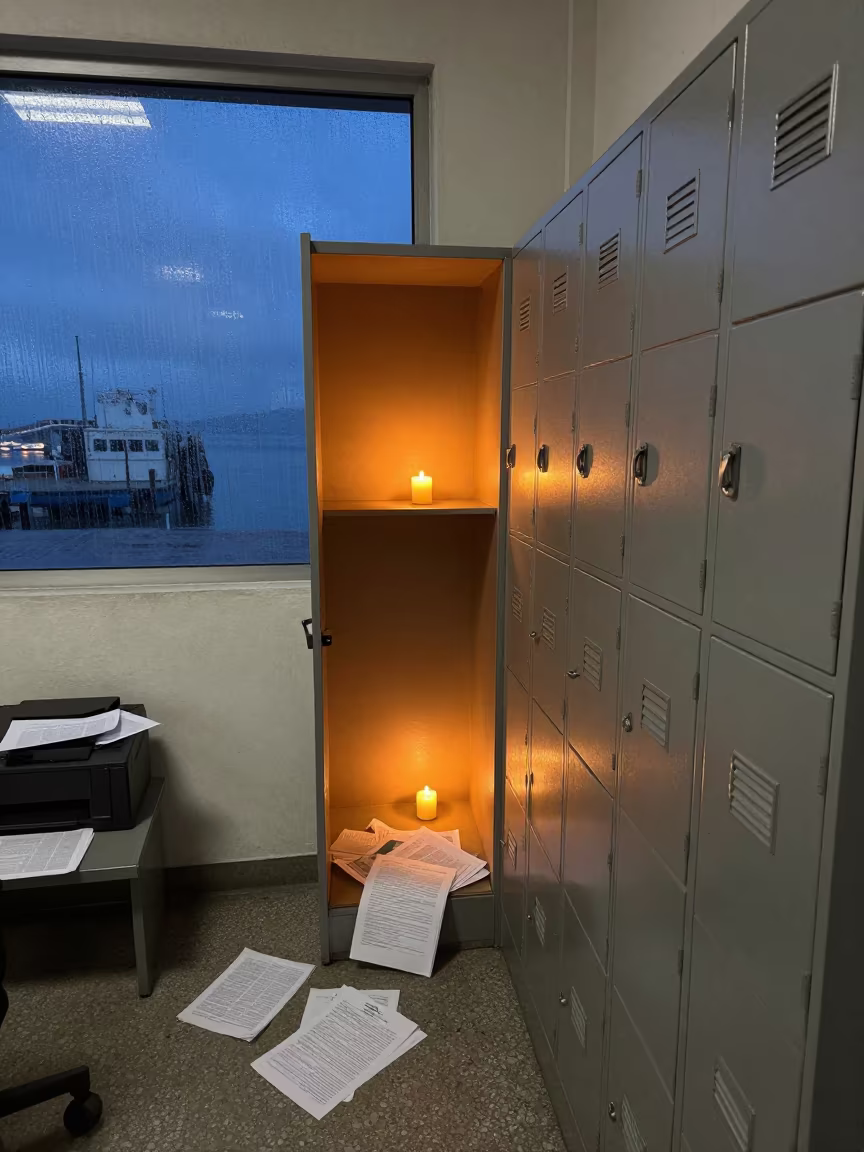 Dispatch Office Relay Vest Locker Night in inside a dispatch office above the dock in Florianopolis