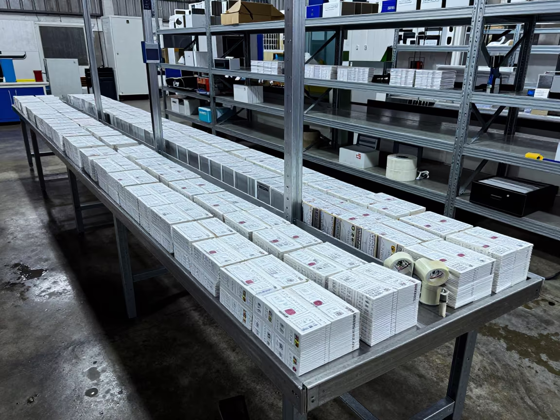 Dispatch Stamp Tray at Fulfillment Station Near Abeokuta in at a fulfillment packing station near Abeokuta