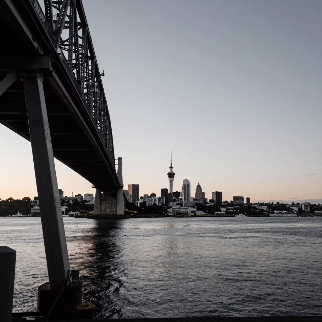 Distant Skyline in Auckland at Sunrise Light in in Auckland, New Zealand