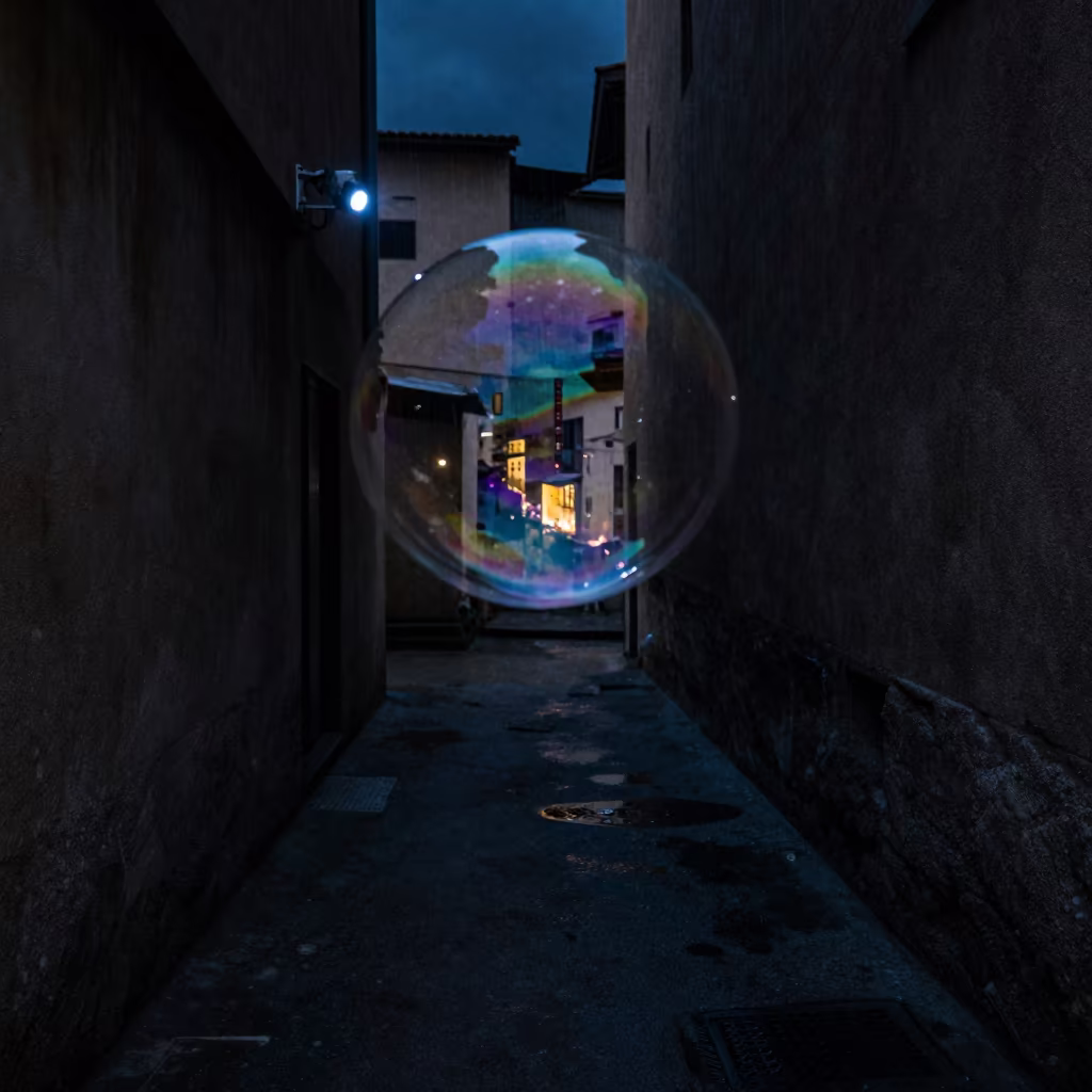 Distorted Cityscape Reflection in Soap Bubble in inside a skylit passageway in Bouskoura