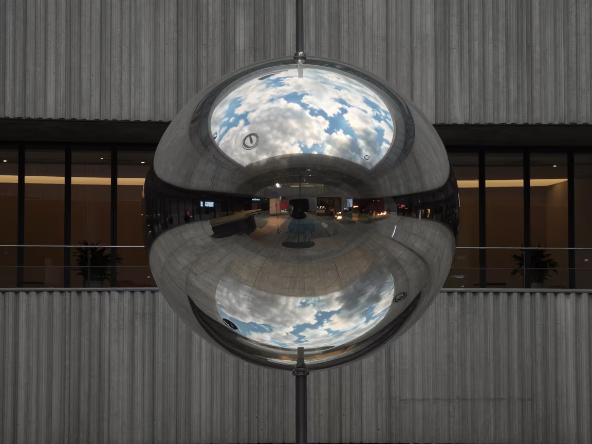Distorted Cloud Reflection in Chrome Sphere Lobby in inside a ribbed concrete lobby in Shenzhen