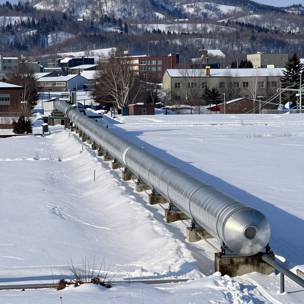 District Heating Pipe Corridor Crossing Snow in Sapporo Japan Midmorning in in Sapporo, Japan