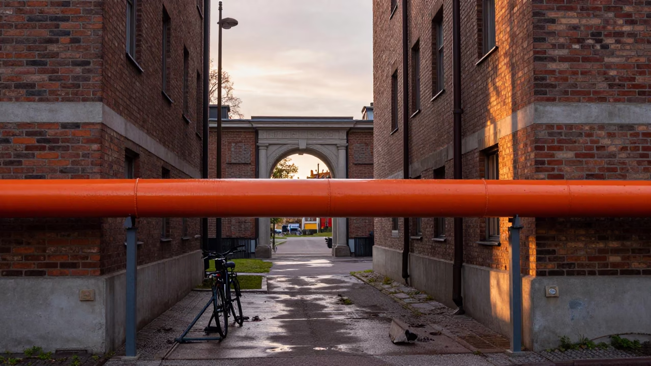 District Heating Pipe Crossing Concrete Apartment Blocks at Sunset in Stockholm Sweden in in Stockholm, Sweden