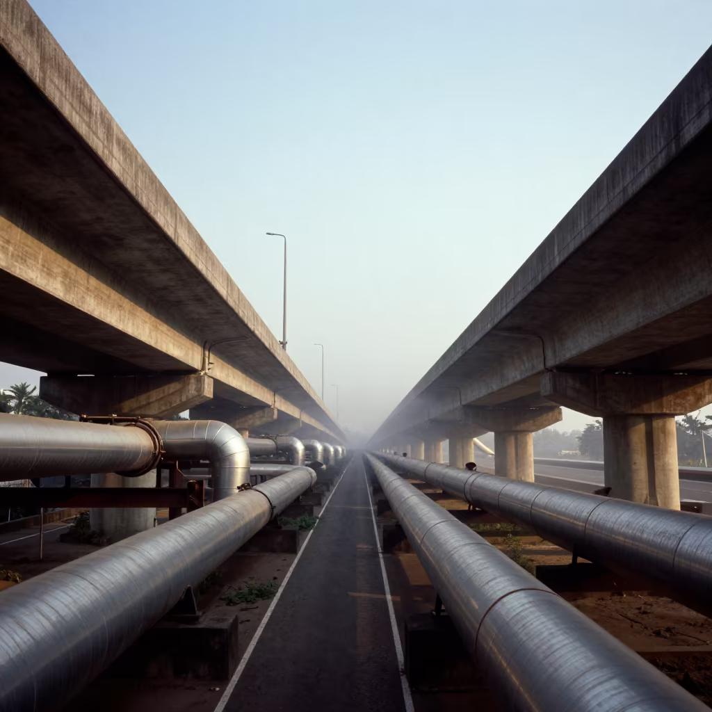 District Heating Pipe on Mumbai Overpass in across a windy overpass interchange in Fort, Mumbai
