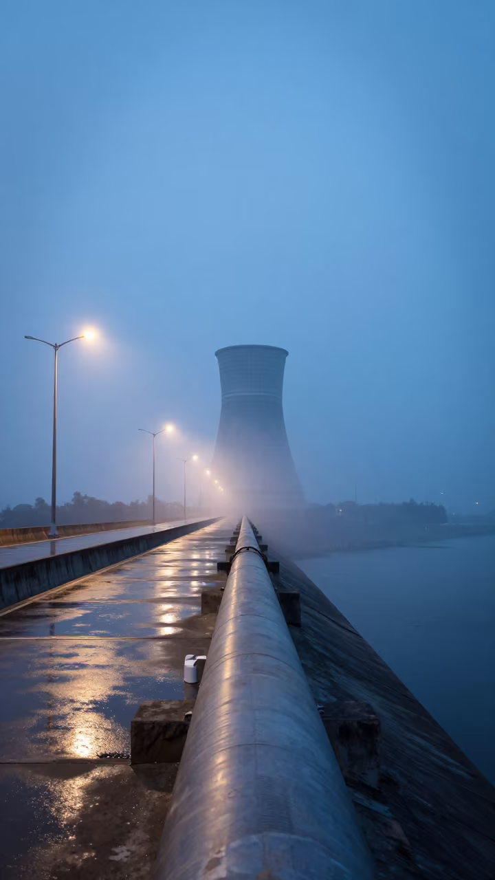 District Heating Pipe Support Disappearing in Fog in along a dam spillway near Porto Montenegro