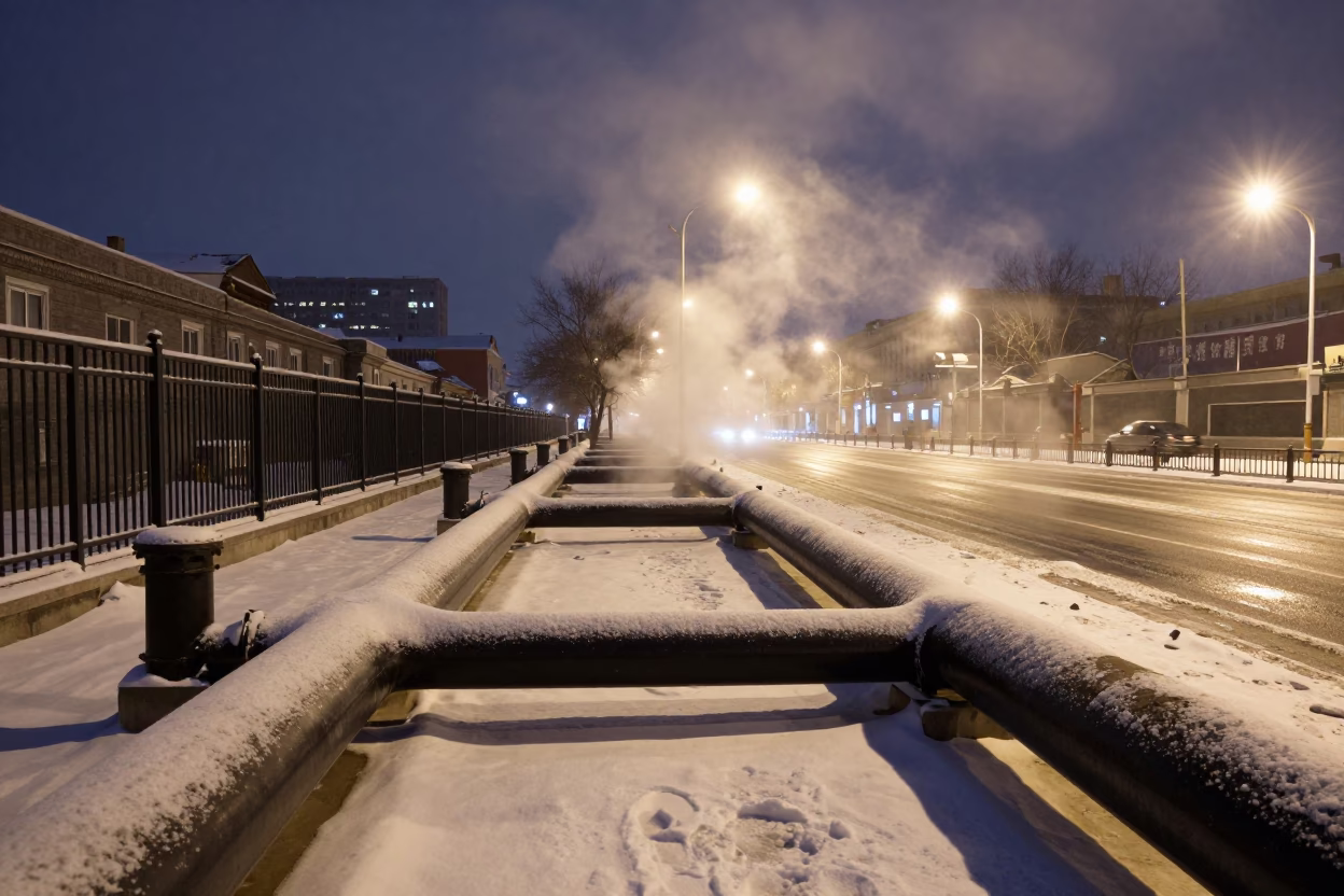 District heating pipes across snow in Beijing midnight street scene in in Beijing, China