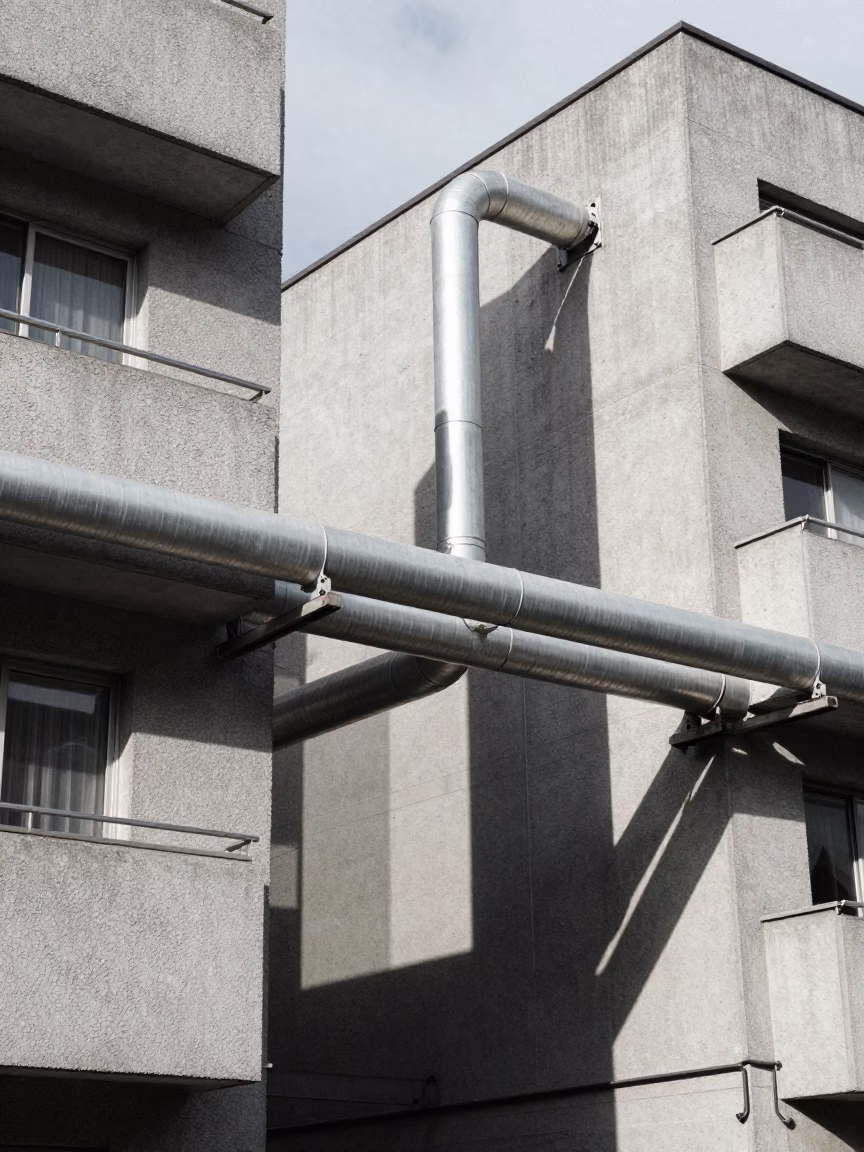 District Heating Pipes Between Concrete Apartment Blocks in Sapporo Japan at Noon in in Sapporo, Japan