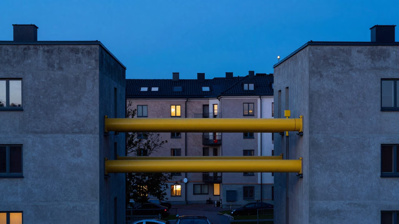District Heating Pipes Between Concrete Apartment Blocks in Stockholm in in Stockholm, Sweden