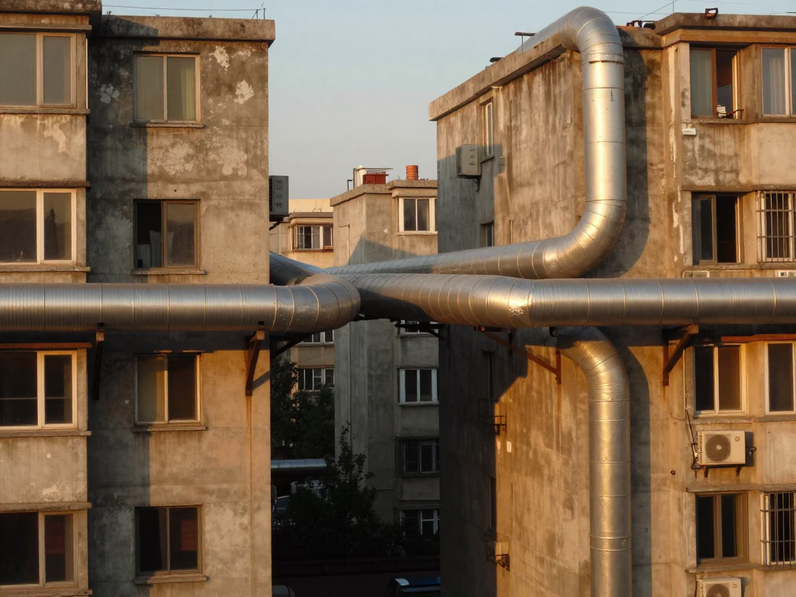 District Heating Pipes Crossing Between Concrete Apartment Blocks in Beijing During Honeyed Evening Light in in Beijing, China
