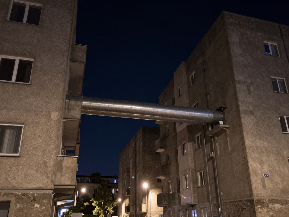 District Heating Pipes Crossing Between Concrete Apartment Blocks in Budapest at Night in in Budapest, Hungary