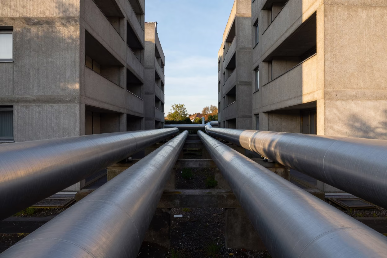 District heating pipes crossing between concrete apartment blocks in London late afternoon in in London, United Kingdom