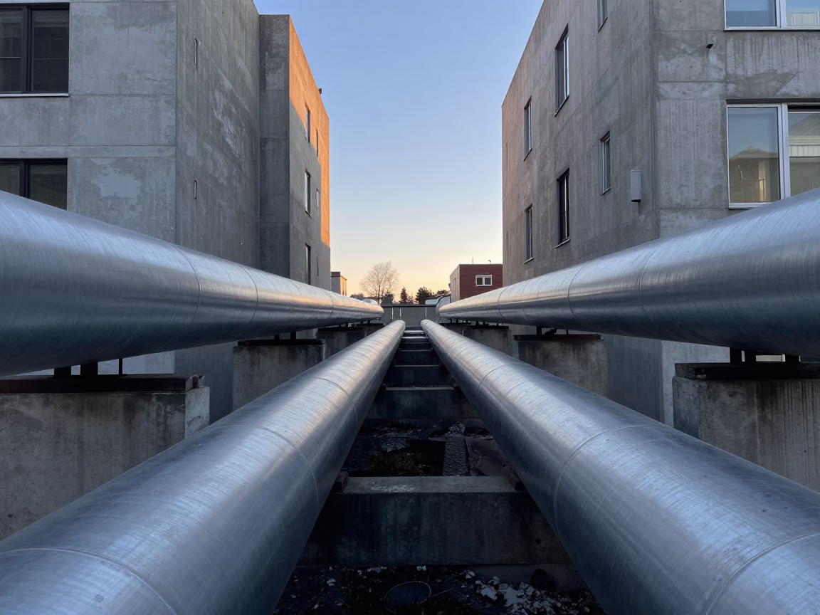 District heating pipes crossing between concrete apartment blocks in Montreal before sunrise in in Montreal, Quebec, Canada