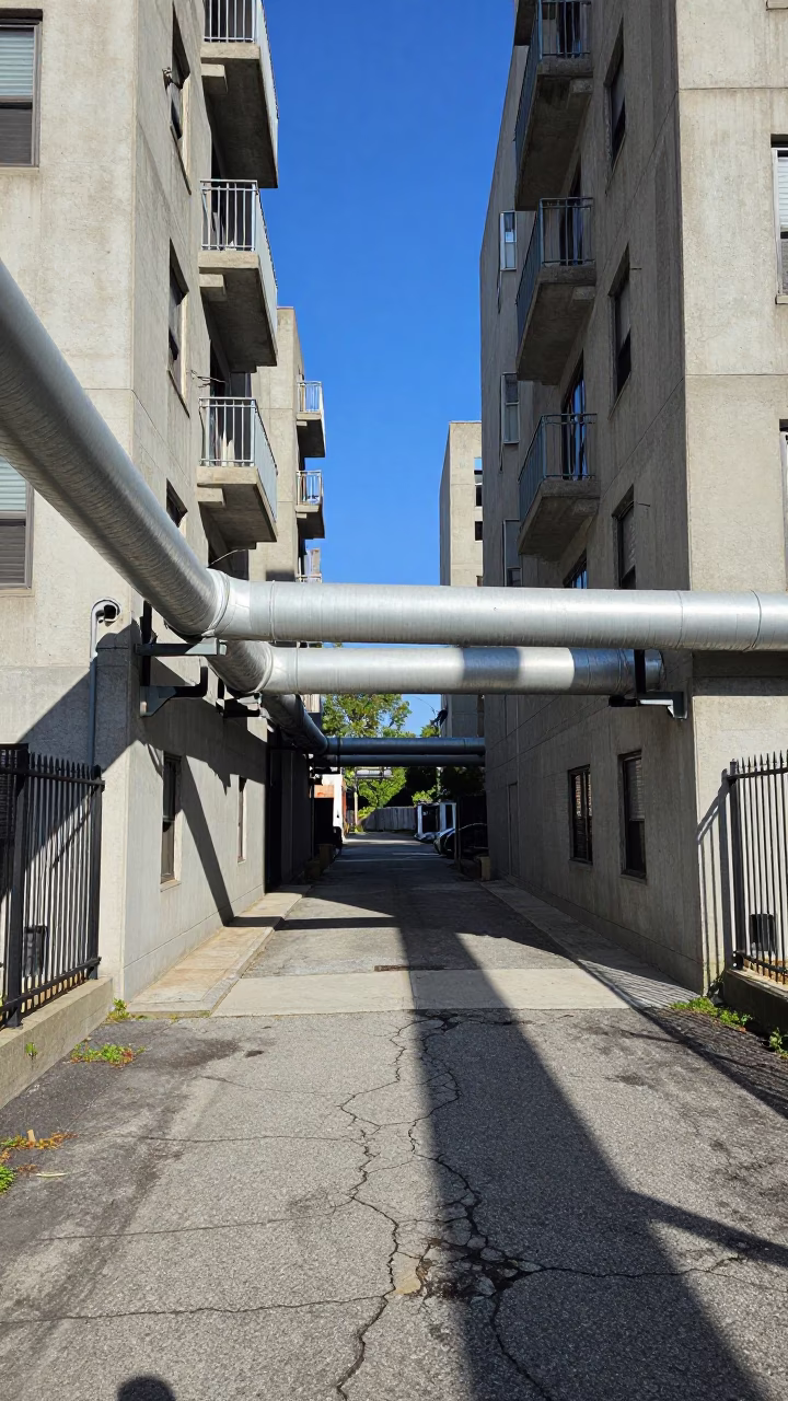 District Heating Pipes Crossing Between Concrete Apartment Blocks in Philadelphia Under Noon Glare in in Philadelphia, Pennsylvania, United States