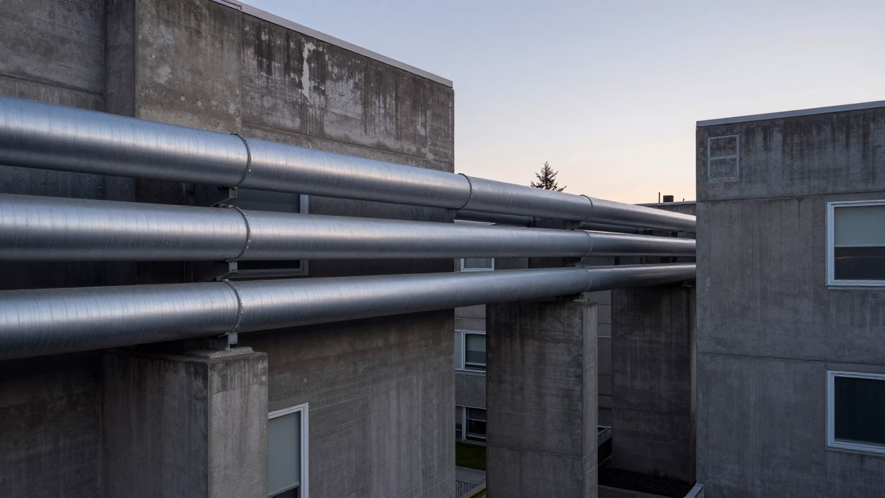 District heating pipes crossing between concrete apartment blocks in pre-dawn Portland Oregon in in Portland, Oregon, United States