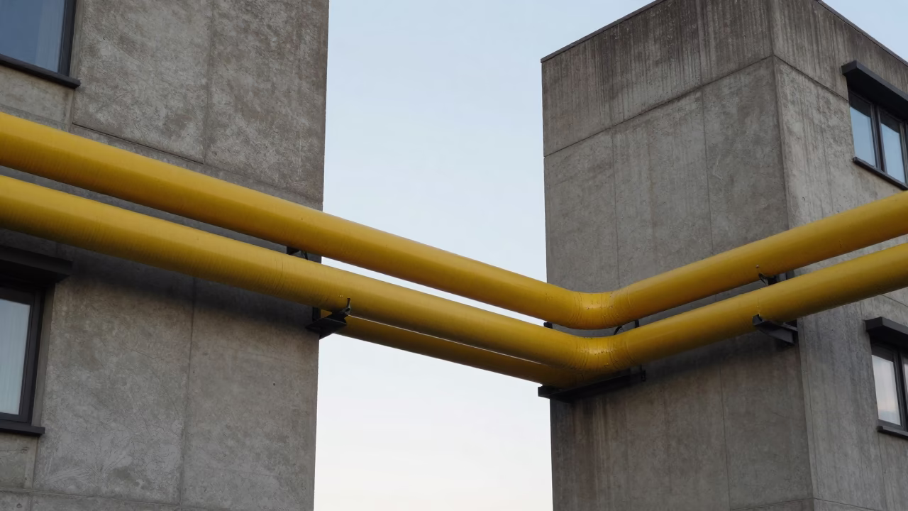 District Heating Pipes Crossing Concrete Apartment Blocks in Liverpool Just After Sunrise in in Liverpool, United Kingdom