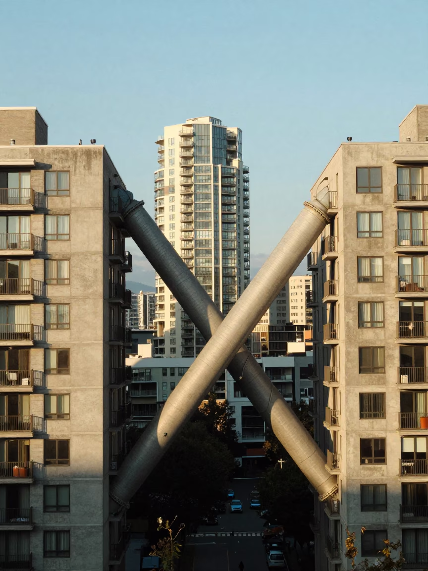 District Heating Pipes Crossing Concrete Apartment Blocks in Vancouver in in Vancouver, British Columbia, Canada