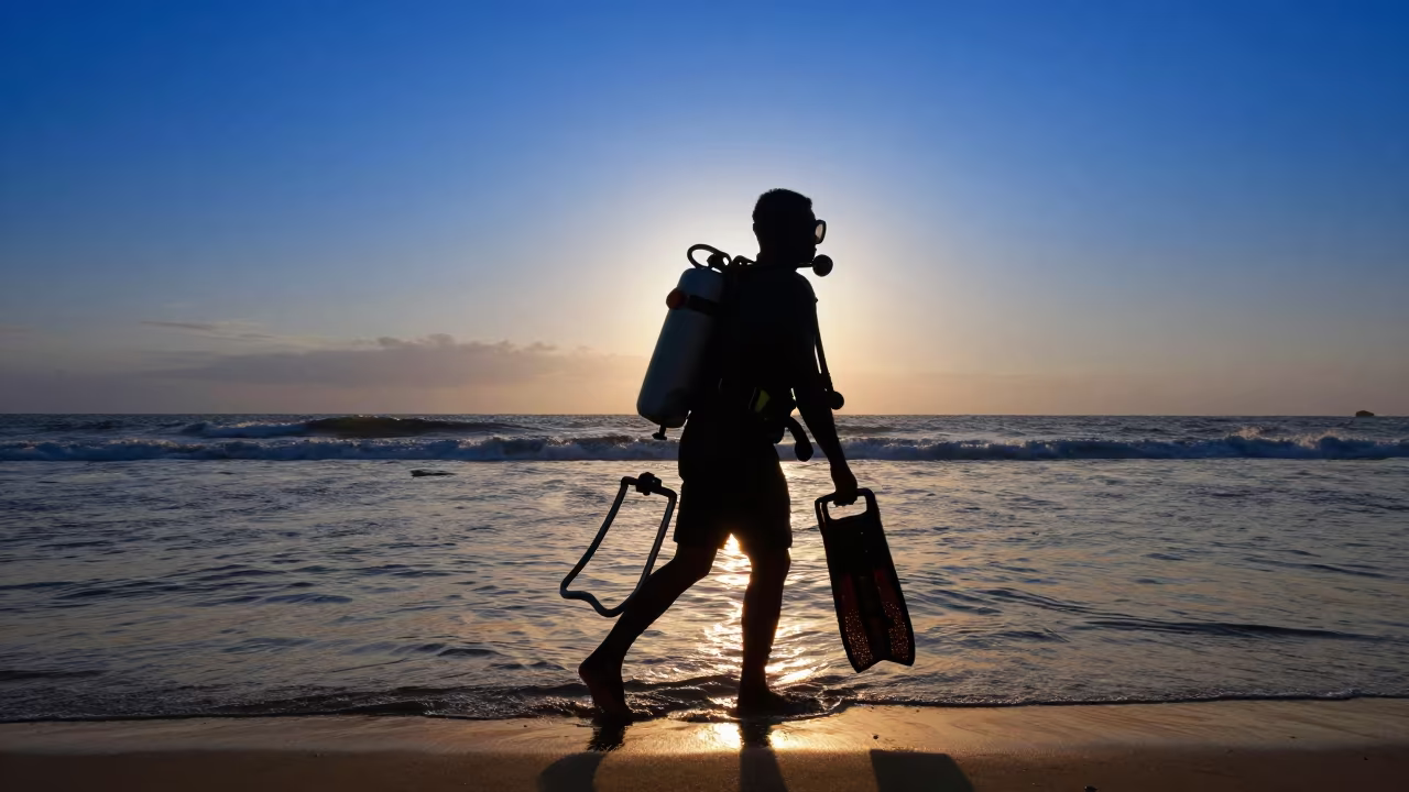 Diver Carrying Coral Quadrat Frames at Blue Hour in near Dar es Salaam