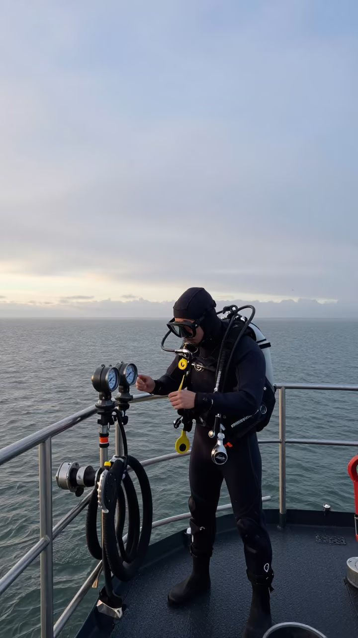 Diver Checking Gauges Before Dawn in near Haight-Ashbury, San Francisco