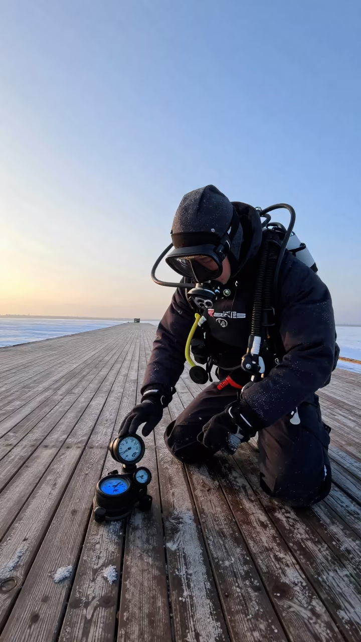Diver Checking Gauges on Stern Deck at Dawn in near Erbil