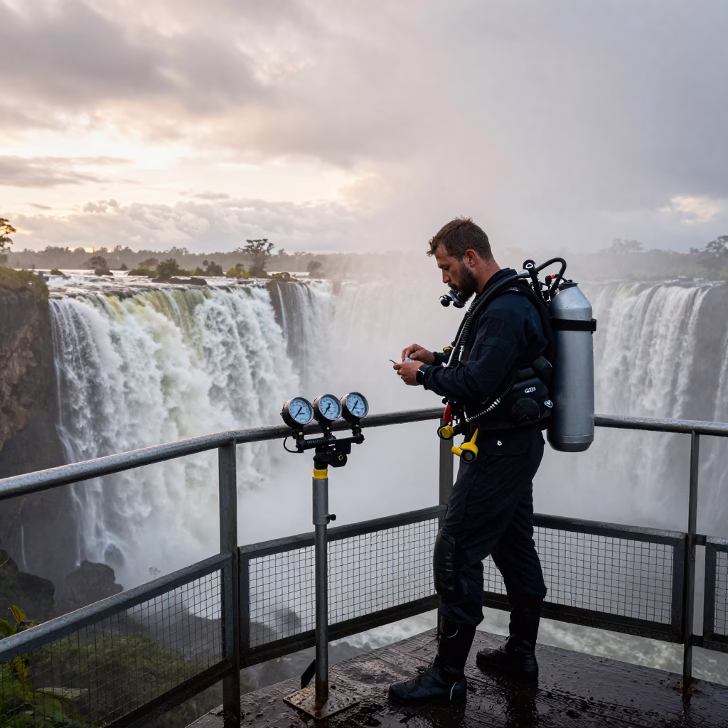 Diver Checks Gauges on Deck at Dawn in in Victoria Falls