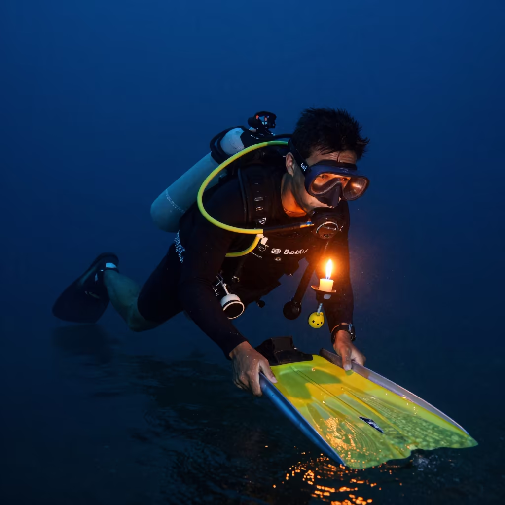 Diver With Coral Frame in Night Fog in in Blok M, Jakarta