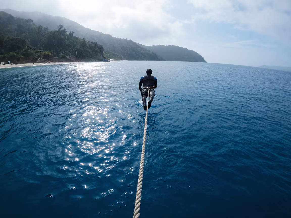 Diver Descending Rope Into Blue Depth in on a hillside near Phuket