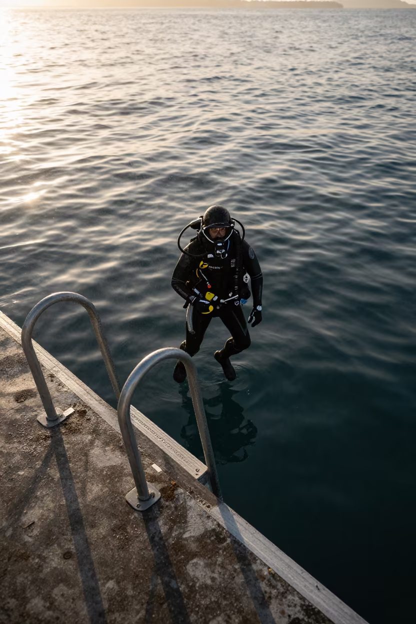 Diver Descends Into Predawn Drizzle in in Vavoua