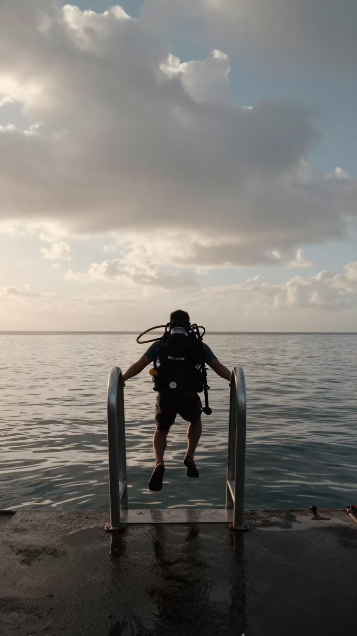 Diver Entering Calm Water from Dock Ladder in in Fort-de-France
