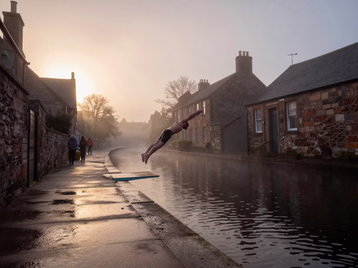 Diver Entering Water Without Splash Before Dusk in in a village lane near Glasgow