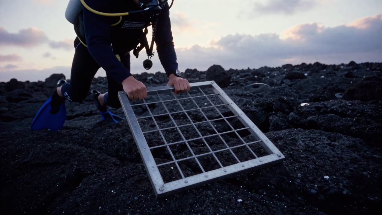 Diver Hauls Quadrat Frame Across Lava Rock in in Tbilisi