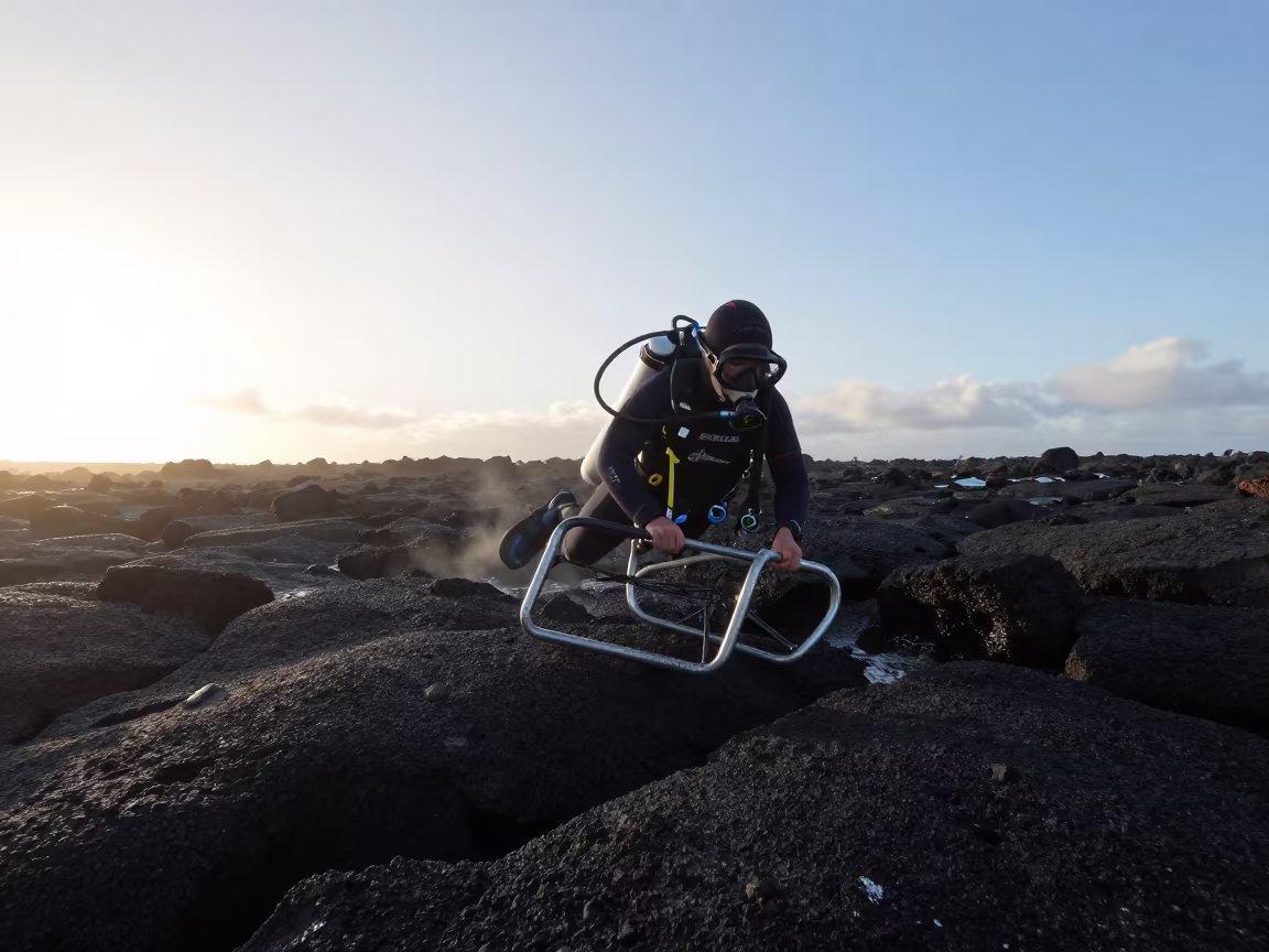 Diver Hauls Quadrat Frame Across Lava Rock at Dawn in in La Paz