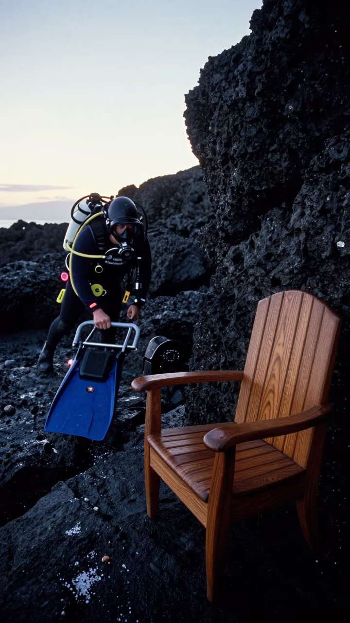 Diver Hauls Stone Furniture on Lava Rock Dawn in in Vancouver