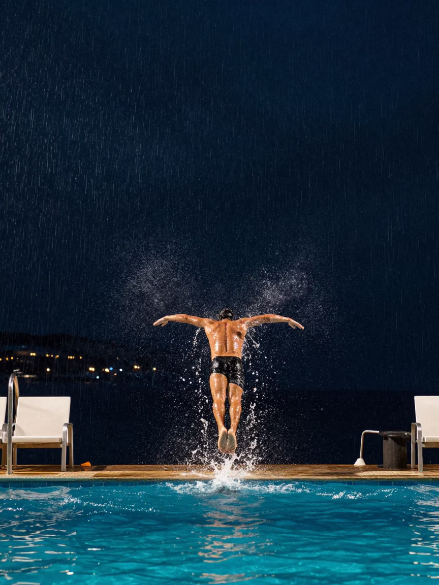 Diver Plunges Into Harbor Pool at Night in at a harbor quay near Dali